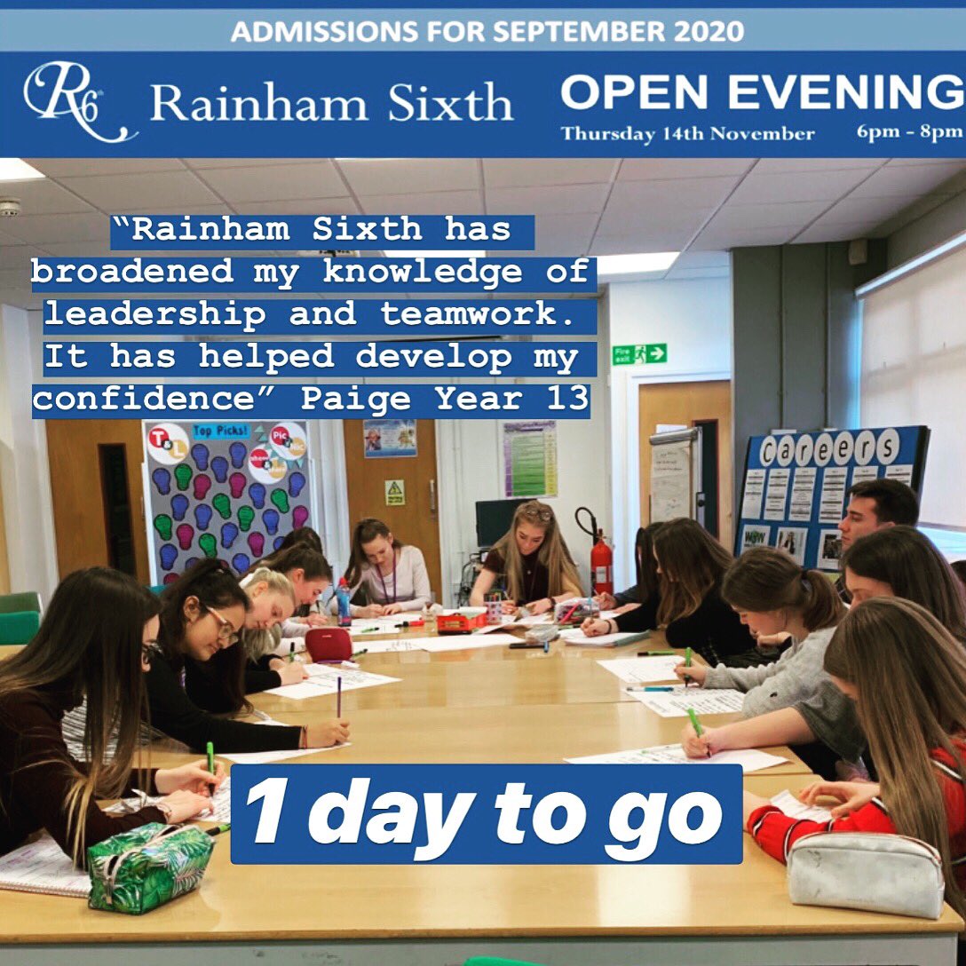 RainhamGirls's tweet photo. Join us for our Rainham Sixth Open Evening on Thursday 14 November. No booking required, come along and find out about the many courses we are offering. Full course information is also available on our website https://t.co/JYVEl7G9bh #RainhamSixth https://t.co/eYwOIglXdc