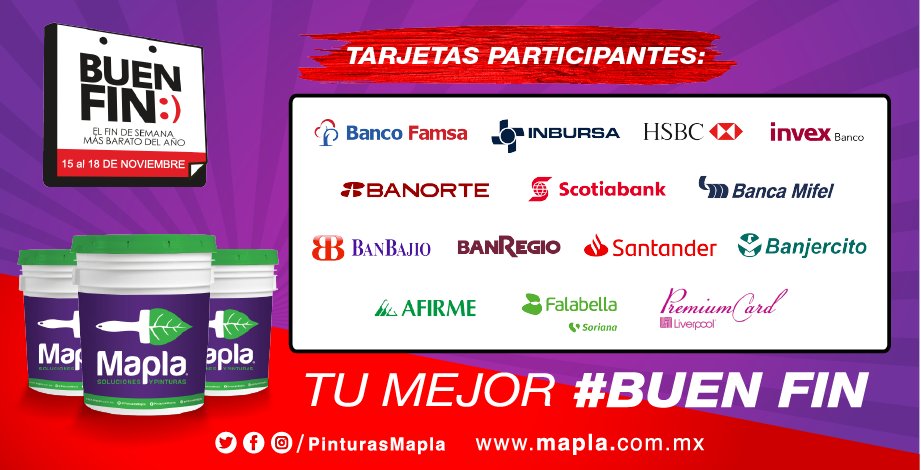 PinturasMAPLA's tweet photo. Aprovecha el 28% de descuento o hasta 12 meses sin intereses* en productos Mapla en compras mayores a $1,000 mxn.

Estas son las tarjetas participantes. ¡Te esperamos!

#BuenFin #HazloconMapla #MaplaesDiferente #EmpresaMexicana https://t.co/y6m6G01QM9