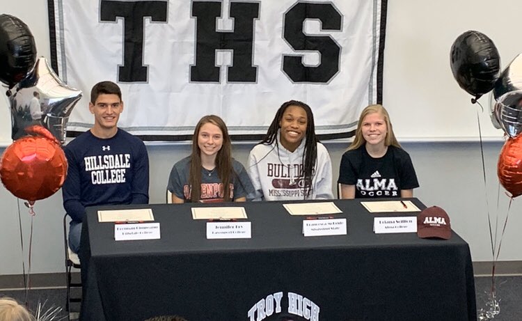 Troy__Athletics's tweet photo. 4 student-athletes inked their name today as they signed to their respective university/college to continue their academic and athlete careers!

🎾 Brennan Cimpeanu - Hillsdale 
📣 Jennifer Fry - Davenport
🏐 Francesca McBride - Mississippi State
⚽️ Bri Scillion - Alma 

#WeAre https://t.co/JlEQPI6lPm