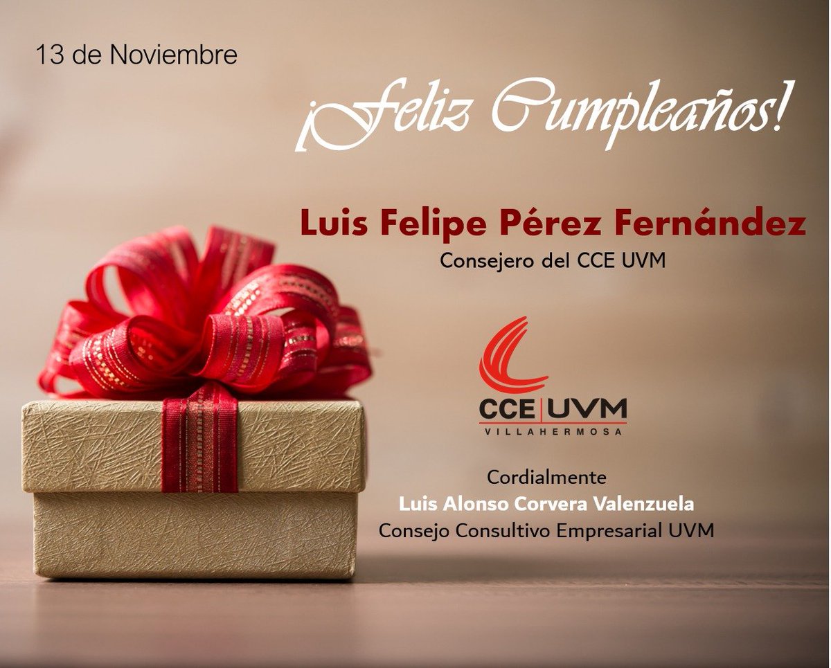 cceuvmvsa's tweet photo. Con gran alegría celebramos un año más de vida del Ing. Luis Felipe Pérez Fernández, consejero del Consejo Consultivo Empresarial UVM.

¡De parte de los demás integrantes de este Consejo le deseamos una larga vida llena salud y prosperidad! https://t.co/gtUa1CY5Lx