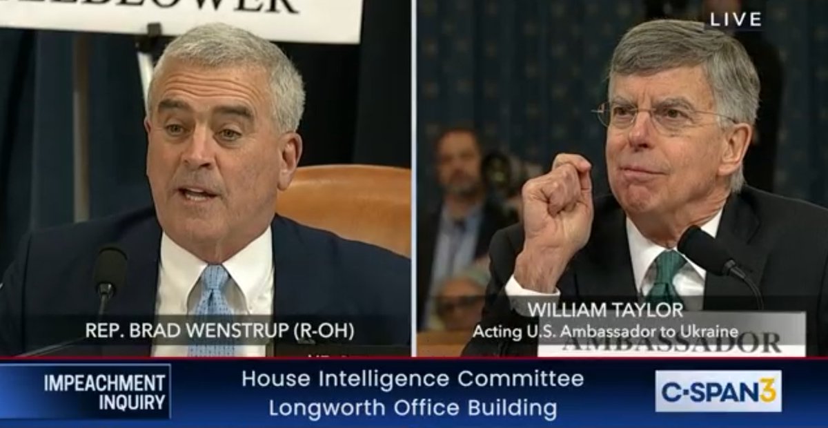 WENSTRUP: Isn't it true Trump defends Ukraine more than Obama?TAYLOR: *grin fuck*(EG translation: "They have Javelins now, you fucking disingenuous prick. No thanks to the GOP National Convention in 2016 and your dirty Russian money, you treasonweasel fuck.")