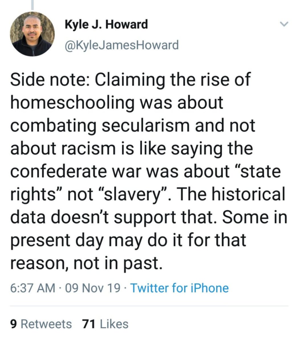 9/ The final tweet seems to have caused the most consternation. If there is error here, it might be that homeschooling was nearly non-existent, statistically, around Brown vs. Board. Also, I would have said explicitly “Christian Homeschool,” since origins vary on this divide.