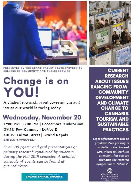 GVSUCECI's tweet photo. .#GVSUCCPS invites you to attend our Inaugural Community-Engaged Student Research Symposium: Change is on YOU! to be held WEDNESDAY, NOVEMBER 20 from 12pm-6pm in Loosemore Auditorium. #EngageEnrichEnhance #ChangeIsOnYouGV #GVSUSPNHA #GVSUHTM #GVSUCCPSUAC #GVSUSSW #GVSUSCJ https://t.co/ScrDGYkrti