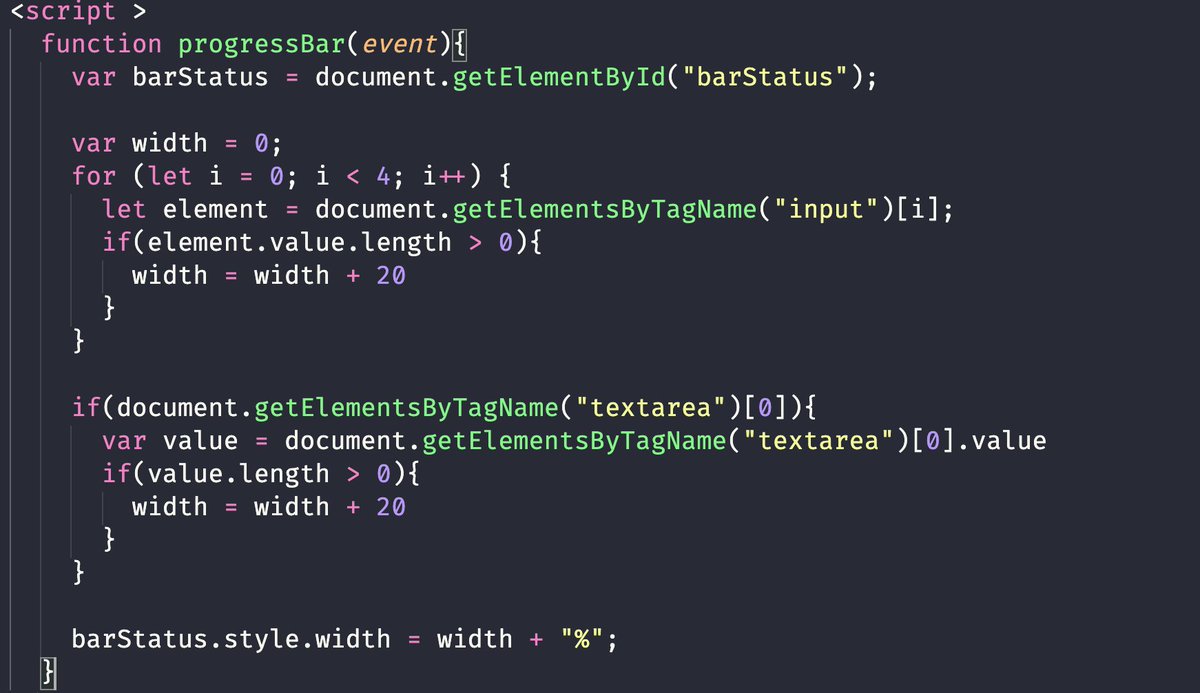 DkDaniz's tweet image. O dia dois fazendo o desafio #100DayCode encarei um #progressbar que informa o usuário o status de conclusão. A primeira versão do código obtive um bug e ficou extenso. Todo bom desenvolvedor deve optar por um código menor, mas que resolve o máximo de problema possível.