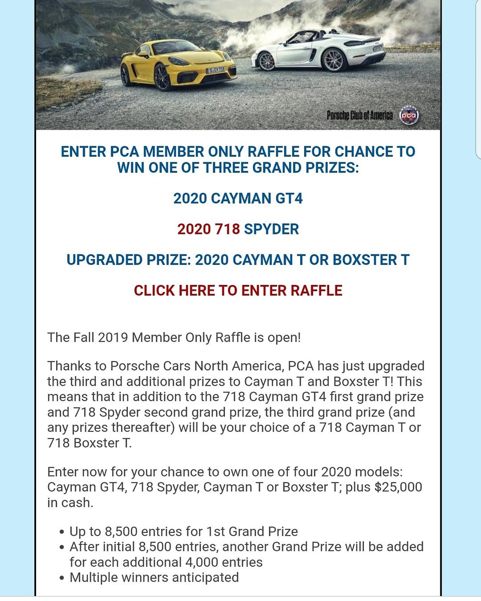 CVRPCA's tweet photo. #CVRPCA #PCA members...who is looking to start next year with a NEW 2020 #porsche??...then enter the PCA members ONLY fall #pcanational raffle by/on December 16th...a 3rd PORSCHE grand prize has been added thanks to #PCNA ..please see flyers for more info https://t.co/GQzFcNT7YO https://t.co/E40nq7gpxB