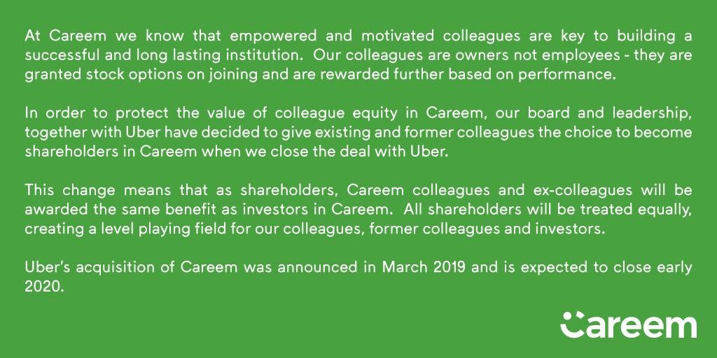 MudassirSheikha's tweet image. Colleagues and ex-colleagues @careem can now do a cashless exercise of their stock options and be treated the same as investors for deal payout. #ownership