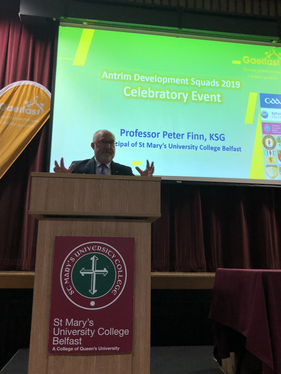 AontroimGAA's tweet photo. Professor Peter Finn speaks of the alignment between St Mary’s College and @Gaelfast_GAA at tonight’s Antrim Development squads 2019 celebratory event #BeWinners https://t.co/pIVIqKTswR