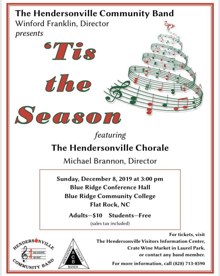 🎄🎄🎄‘Tis the Season!! It’s almost here. The most wonderful time of the year!! Please join us and The Hendersonville Chorale on Sunday, December 8th at 3:00pm at <a href="/BlueRidgeCC/">Blue Ridge Community College</a> in the Conference Hall. Can’t wait to see you all there! #happyholidays 
🎄🎄🎄