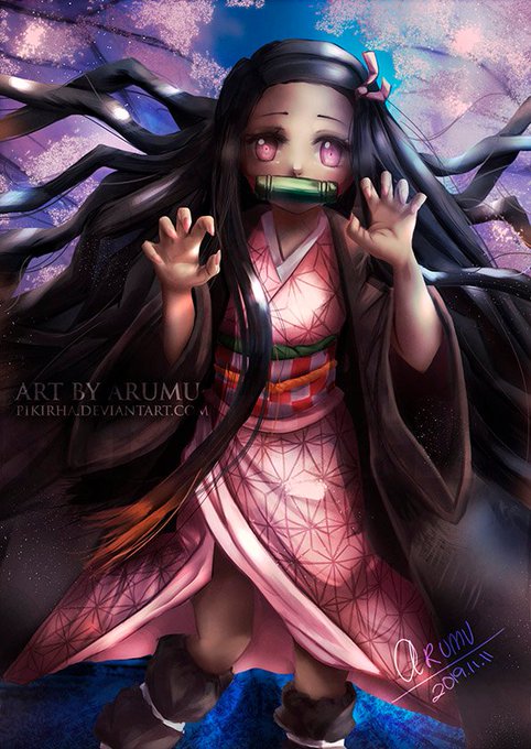 𝓪𝓻𝓾𝓶𝓾さんがTwitterに投稿した竈門禰豆子(鬼滅の刃)のイラスト。