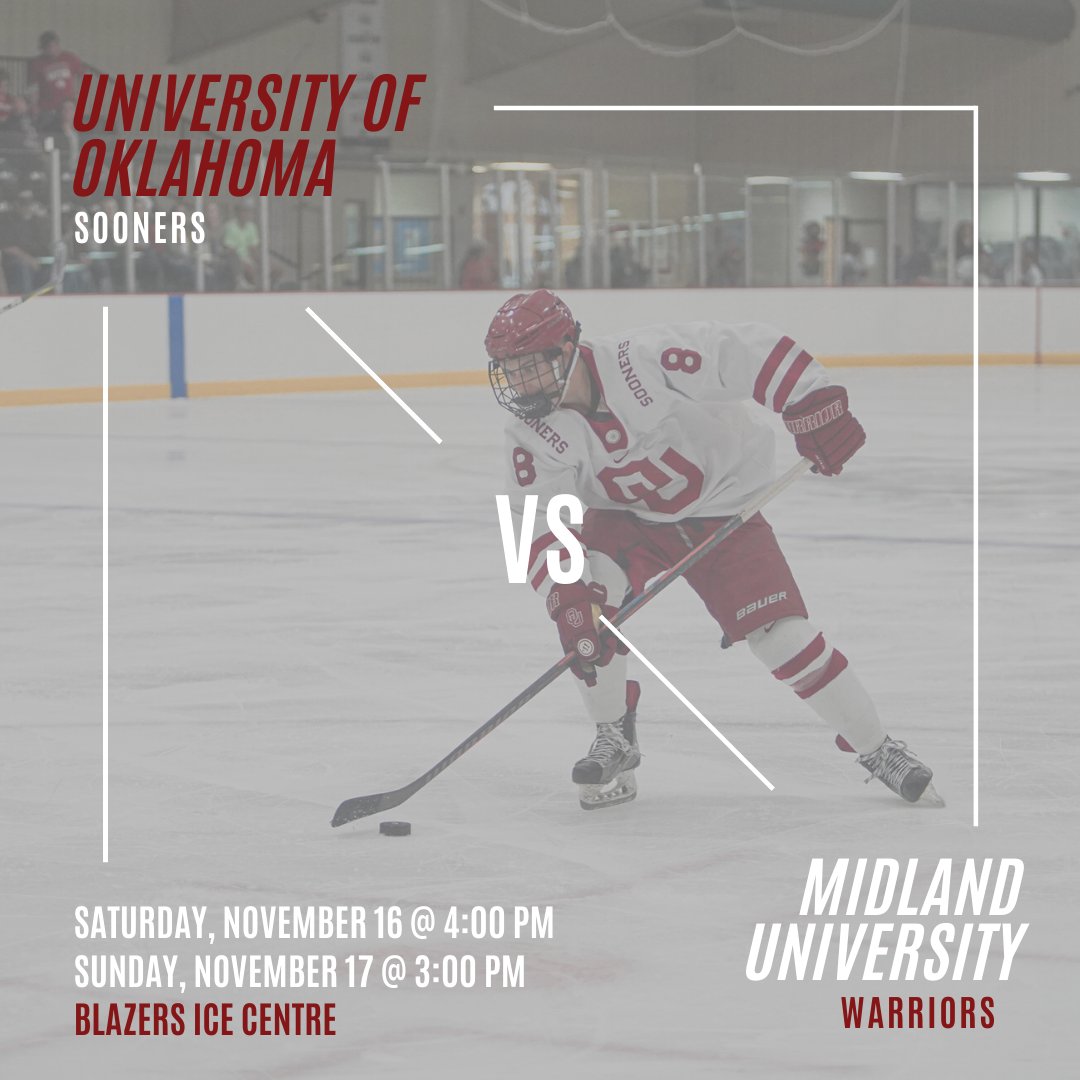 OUHockey's tweet photo. A month without home games has been LONGGGGG! We are excited to be back HOME!
Get ready for OU vs Midland this weekend on Saturday 11/16 @ 4PM and Sunday 11/17 @ 3PM!
We can't wait to see you at Blazer's Ice Centre!
#ouhockey #sooner #ousports #boomersooner #soonernation https://t.co/faL8hqqICs