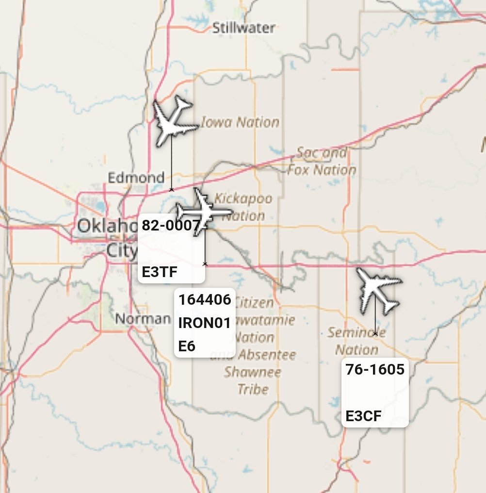 is_keelu's tweet photo. USAF
Boeing E-3B Sentry (#E3CF)
#Reg761605 #AE11DC 

Boeing E-3G Sentry (#E3TF)
#Reg820007 #AE11F0 

U.S Navy
Boeing E-6B Mercury
#IRON01 #Reg164406 #AE0418 

All spotted over #Oklahoma 

#Planespotting #Planespotter #Planespotters #RadarSpotter #MilitaryAircrafts https://t.co/R5T94Ws8md