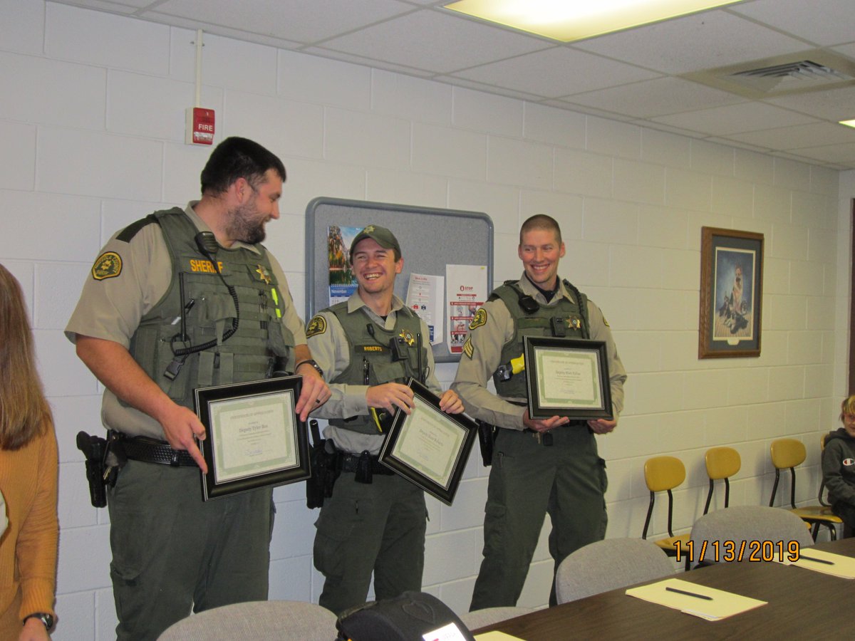 OCSOIowa's tweet photo. Sergeant Matt Julius and Deputies Zane Roberts and Tyler Bos were acknowledged for their roles in providing vital life saving measures to Sibley residents Gary Iedema and Charles Klaassen. https://t.co/Q4NeB3XcI4