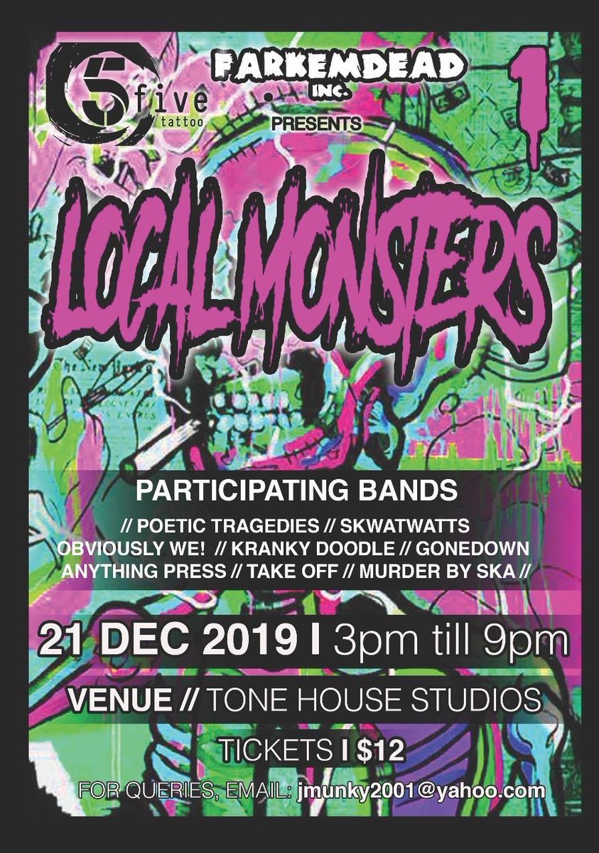 Hi there 👋🏻
This Coming December 21
we will be playing at TONE HOUSE STUDIOS for FARKEMDEAD INC. Presents LOCAL MONSTERS
Watch us perform alongside awesome local band Poetic Tragedies, Skwatwatts, <a href="/ObviouslyWe/">Obviously We!</a>, Kranky Doodle, Anything Press, Take- Off (<a href="/penispunx/">Take-Off</a>) &amp; Murder By Ska