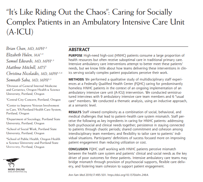 How do multi-disc staff caring for medically and socially complex patients in an Ambulatory "ICU" care model view their work?Presenting our teams qualitative work evaluating SUMMIT A-ICU at an urban FQHC with high rates homelessness, SUDs http://www.annfammed.org/content/17/6/495