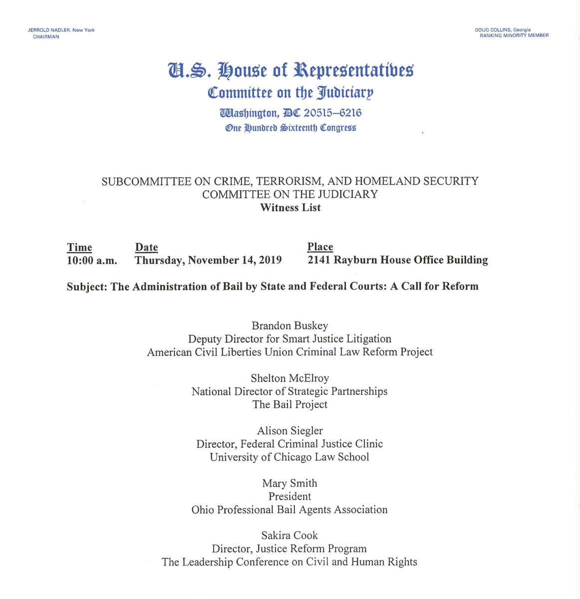 Screen-cap of the announcement for Thursday's hearing on bail reform in the House Judiciary Committee's Subcommittee on Crime, Terrorism, and Homeland Security. Information from the notice can be found at the link in the tweet.