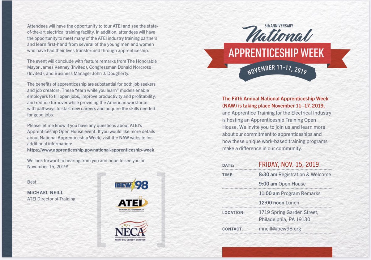 Please join <a href="/ibew98/">IBEW Local 98</a> and @pdjneca for National Apprenticeship Week at 1719 Spring Garden St. 11/15 from 830am -1130 am #NAW2019