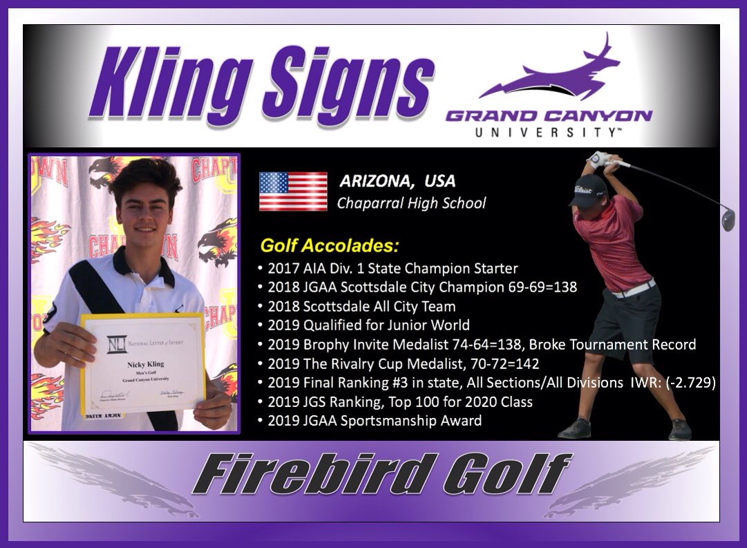 Congratulations to Senior, Nicky Kling, on his commitment to play golf at Grand Canyon University. Kling adds to the tradition of Chaparral players that have gone on to play college golf! #chaptown
