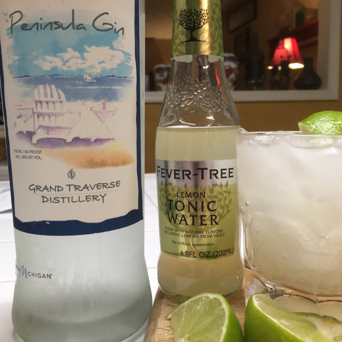scochrane's tweet image. The libation of the night is a refreshing gin &amp;amp; tonic made with Grand Traverse Distillery Peninsula Gin &amp;amp; Fever Tree Lemon Tonic Water. Oh, yeah. #grandtraversedistillery #fevertreetonic #nofilter #LibationOfTheNight