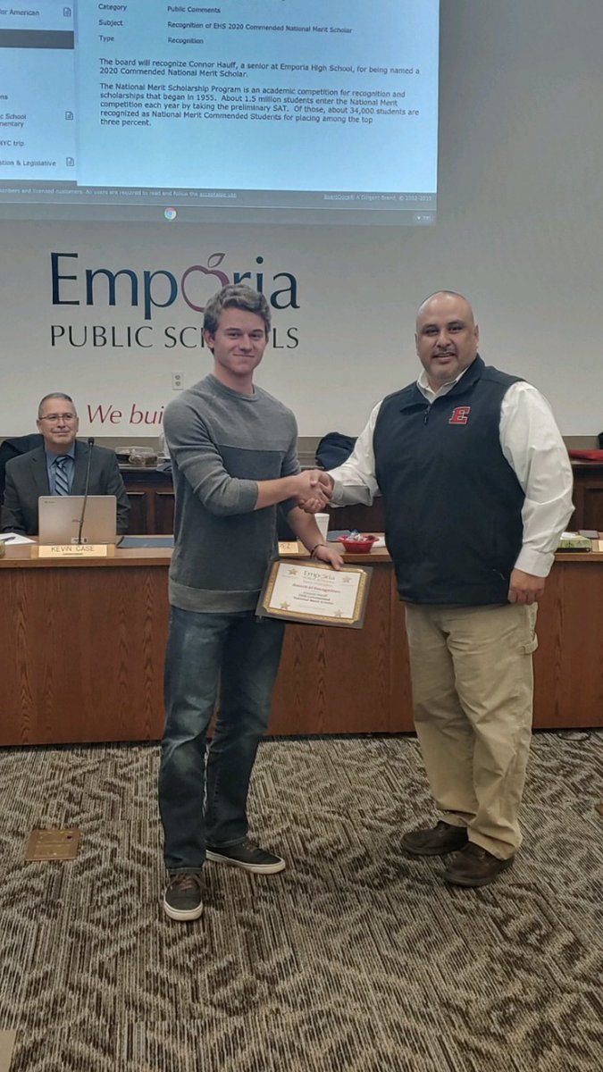 Congrats Connor Hauff for being recognized as Commended National Merit Scholar At Emporia Board Meeting tonight! #EmporiaProud