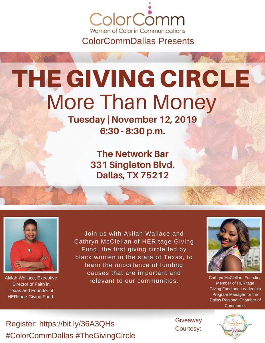 ColorCommntwk's tweet photo. Kicking off a RECAP of our event "The Giving Circle: More Than Money" hosted by @TheNetworkBar. Our event featured Akilah Wallace and Cathryn McClellan of HERitage Giving Fund, the first giving circle led by black women in the state of Texas. #TheGivingCircle #ColorCommDallas https://t.co/WkikmxamKa