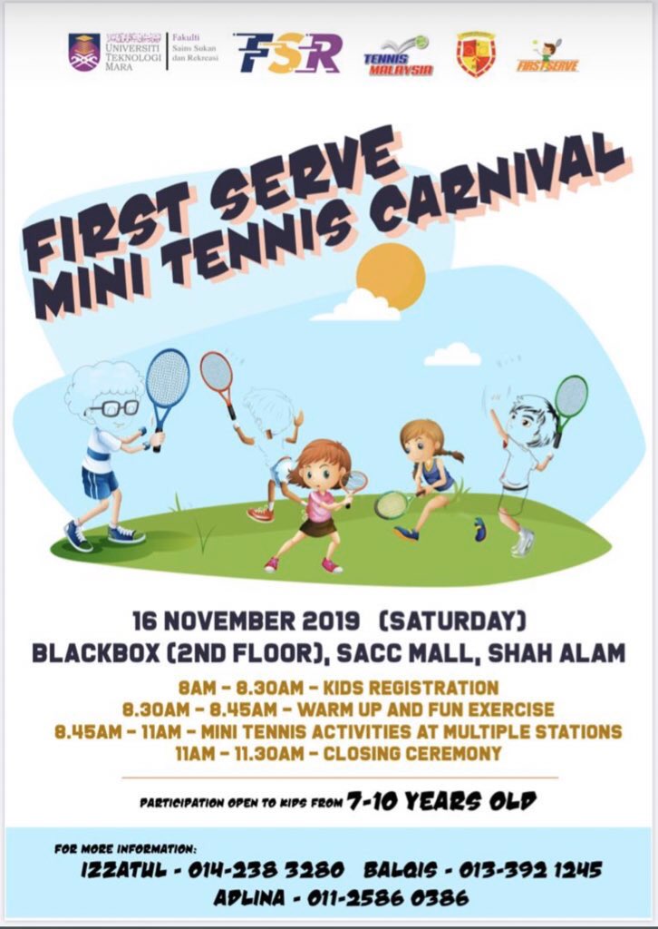 SMFSRUiTMSALAM's tweet photo. Hi everyone! We are going to conduct an event “First Serve Mini Tennis Carnival” @ SACC Mall on 16th Nov 2019. So if you guys are interested to register your kids/younger brothers and sisters. ( age between 7-10 years old) FREE REGISTRATIONS https://t.co/YTuHHXV7Oq