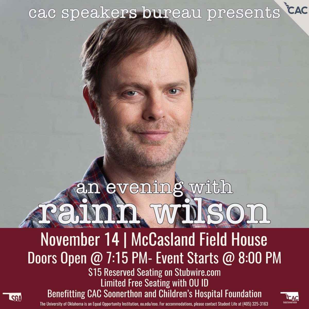 OU_2020's tweet image. Bears. Beets. Battlestar Galactica. Come spend an evening with Rainn Wilson tomorrow at McCasland Field House! For more information and to get tickets, visit stubwire.com and search “An evening with Rainn Wilson”. #100percentchanceofrainn