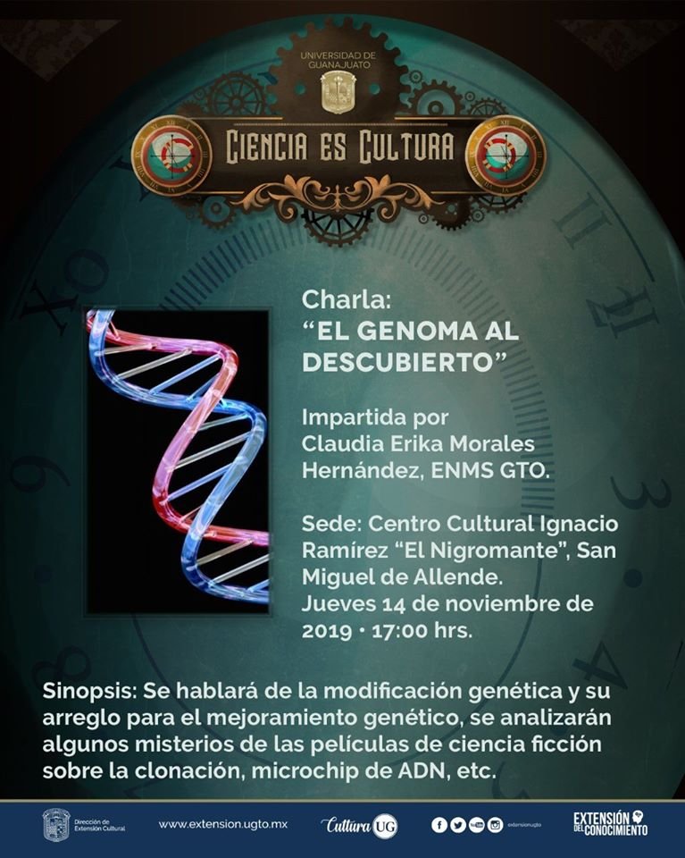 CulturaUG's tweet photo. #CienciaEsCultura Mañana no te pierdas las charlas

10:00 h
"La geología y sus inicios como ciencia" imparte Isidro Lopez Aguirre en la ENMS Penjamo

17:00 h
"El genoma al descubierto" que imparte Cluadia Erika Morales en el Centro Cultural El Nigromante
#CulturaUG #ExtensionUGTO https://t.co/dZVERXdTOT