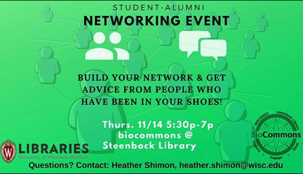 AskSteenbock's tweet image. Come network with UW-Madison STEM alumni tomorrow from 5:30-7 pm in the BioCommons! Part of our Finding Yourself in STEM series, you'll hear from people who have been in your shoes about their time in college and their path since graduating. Pizza will be served!