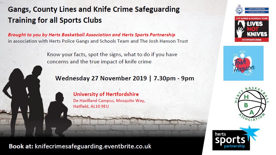 * Gangs, County Lines and Knife Crime Safeguarding Training *

The course that all sports clubs need in their toolkit. 

27 November, 7.30pm, <a href="/UniofHerts/">University of Hertfordshire</a>

Book at: …ifecrimesafeguarding.eventbrite.co.uk