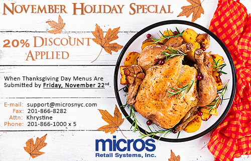 MicrosNYC's tweet photo. Take advantage of our Thanksgiving discount ! 🦃🍛 Submit your menu today!!! 🍂🍁 #micros #thanksgiving #thankyou #menu #programming #service #support https://t.co/CA5r4UmcHc