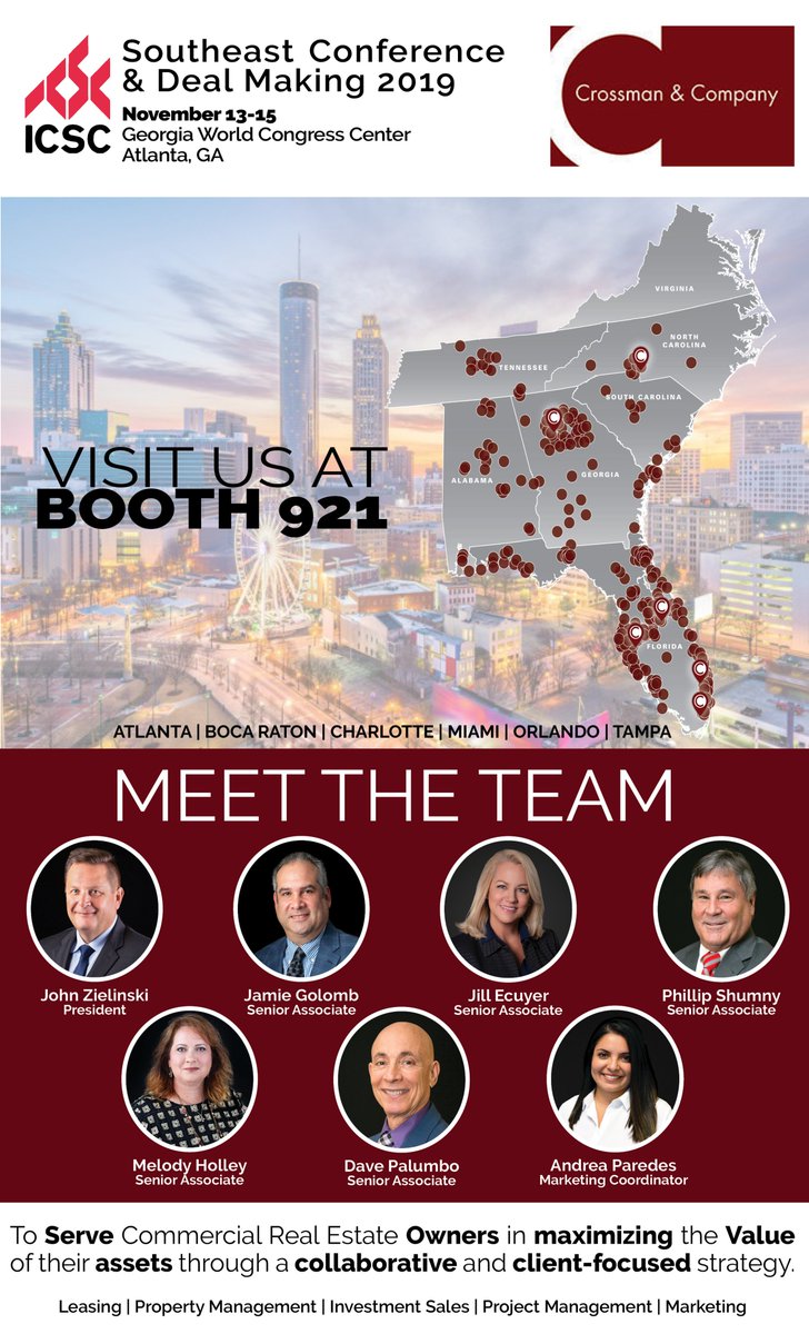 CrossmanCo's tweet photo. @ICSC Southeast is here! Stop by our booth and say hi to our team. 

#ICSC #Southeast #TeamCrossman #CRE #Retail #Leasing #PropertyManagement #InvestmentSales #Marketing https://t.co/phutYb4QSl