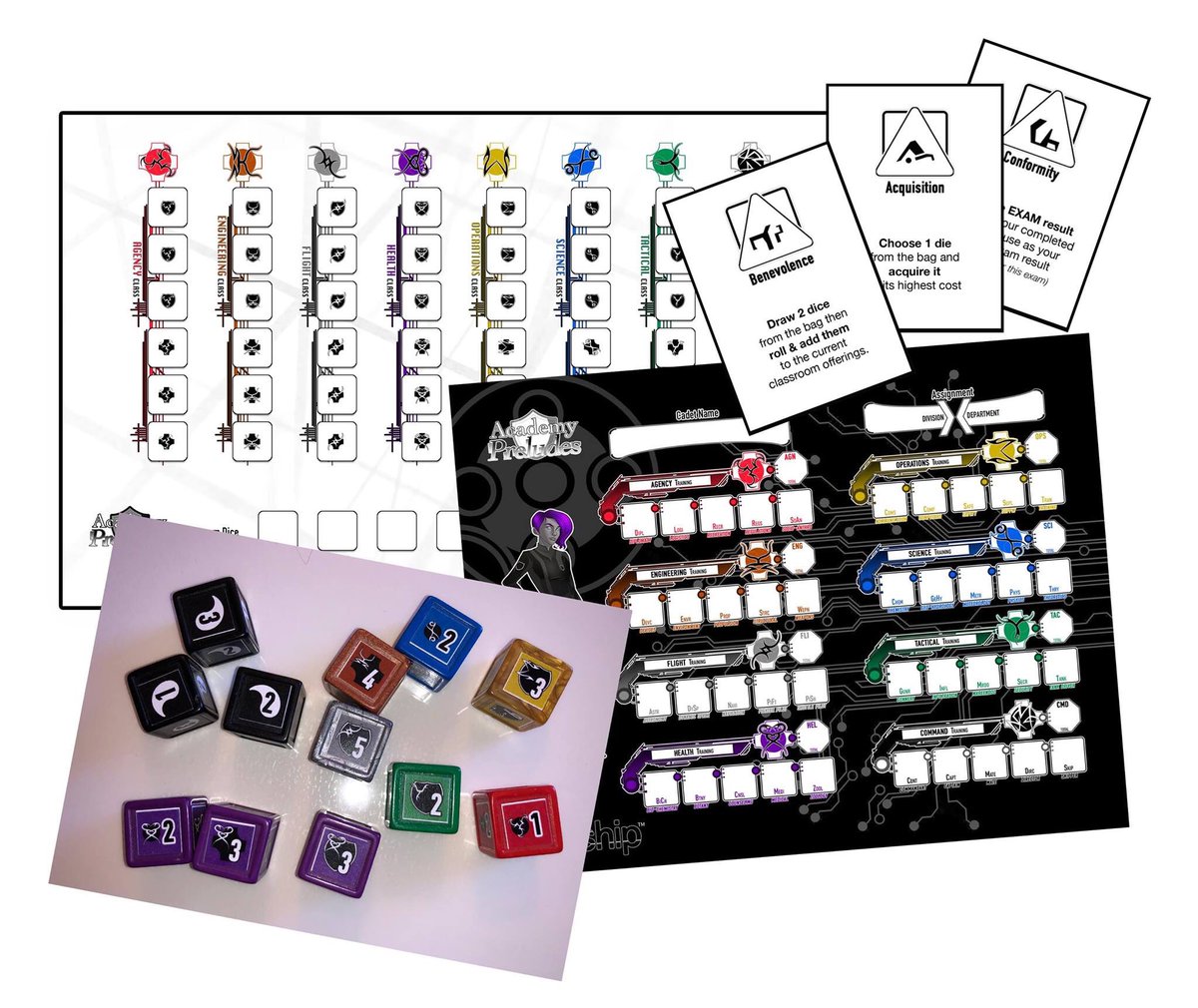 CheekyDingo's tweet photo. This Sunday at the @boardgamepub in Denver, CO, we will be play testing the latest version of Academy Preludes - the first chapter game in the Living Starship Game.

It is a roll &amp; write style game with custom dice  #boardgames #cardgames #dicegames  #tabletopgames #meeple #dice https://t.co/XJm7MoziaN
