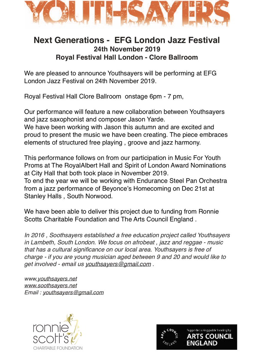 youthsayers1's tweet photo. We are performing with the amazing Jason Yarde @LondonJazzFest Clore Ballroom on 24th Nov thanks to @officialrscf and @ace_national for funding this wonderful project https://t.co/6msN4ObozD