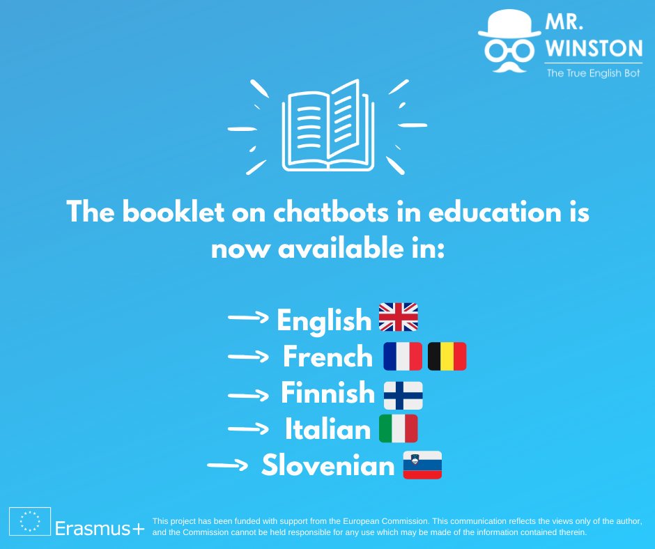 AliceGoda's tweet photo. ✨📣 The booklet on #chatbots in #education is now available in all the languages of the #MrWinstonchatbot project 📣✨

It's free, so feel free to share it with fellow #teachers, #AI and #edtech enthusiasts 👾

Download it here ➡️ https://t.co/mvLb0HMUuv 🔗

#languageeducation https://t.co/WxCDIDprOI