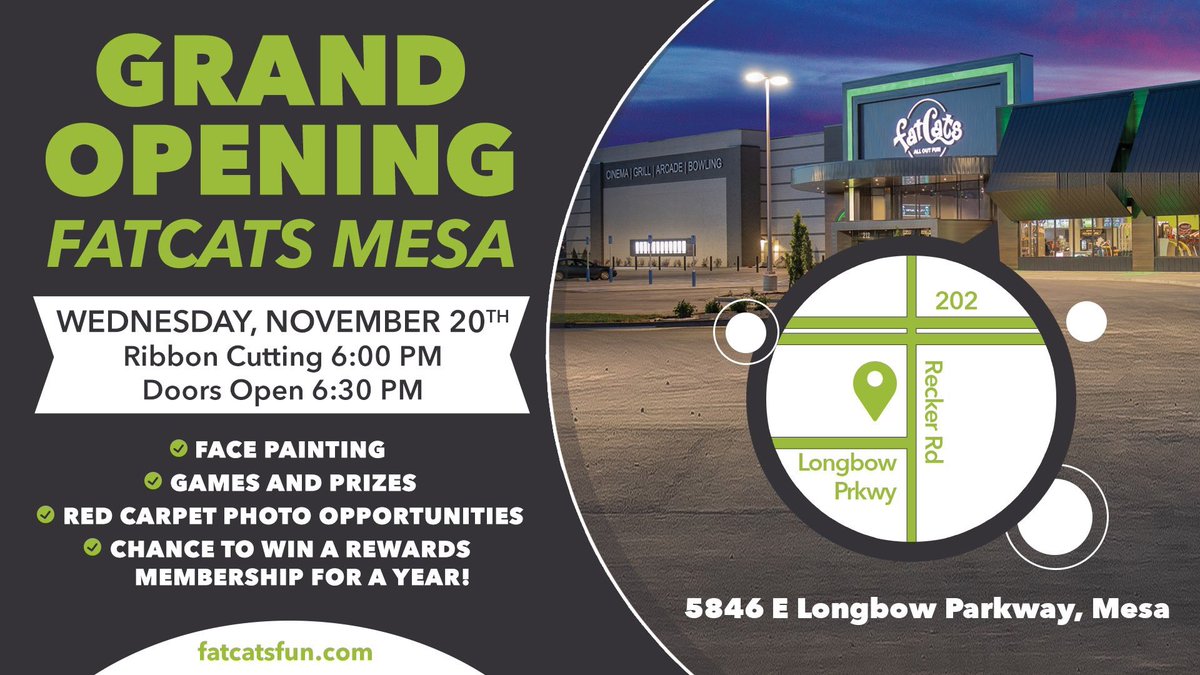 PulseRadioAZ's tweet photo. Please join the #PulseCrew for the Grand Opening of FatCats Mesa! Wednesday November 20th at 6:00pm! Ribbon Cutting Ceremony will take place at 6:00PM and everyone is invited to attend. #FriendOfThePulse
Please visit https://t.co/izstLXcJAC for more details! https://t.co/JXxrhgVJ6O
