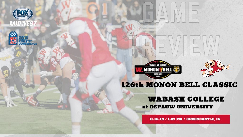 The 126th Monon Bell Classic between <a href="/wabashFB/">Wabash College Football</a> and <a href="/DePauwTigersFB/">DePauw Football</a> takes place Saturday at 1:07 p.m. in Greencastle, Indiana. Preview the game - sports.wabash.edu/news/2019/11/1…. <a href="/NCAC/">NCAC</a> #d3fb #MononBell