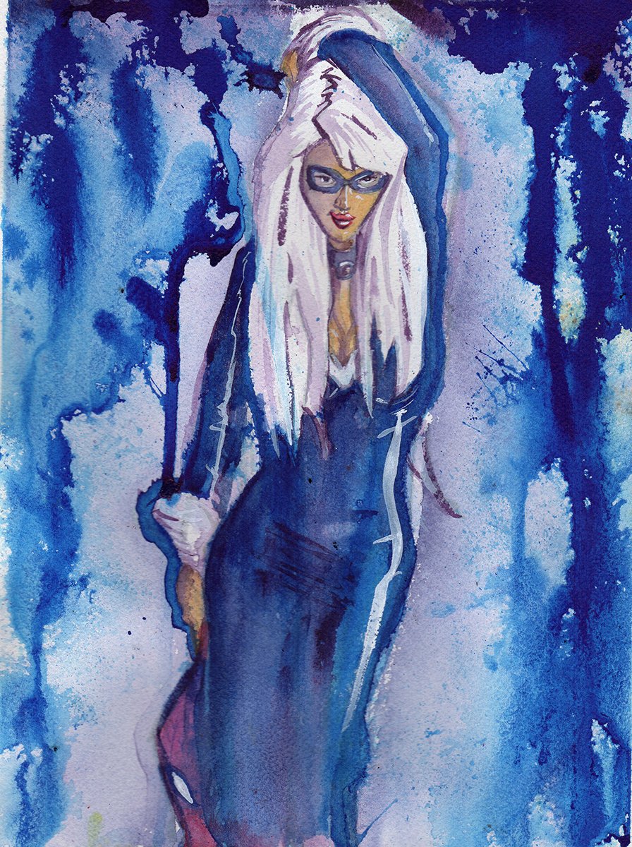 Black Cat, Felicia Hardy
Wanted to try some Dr Martins Hydrus liquid watercolors I had.  I like em.   Might mix some ink in next time to get a bit more texture.

#spiderman #blackcatspiderman #blackcatmarvel #blackcatfeliciahardy #blackcat #feliciahardy #peterparker #cosplay