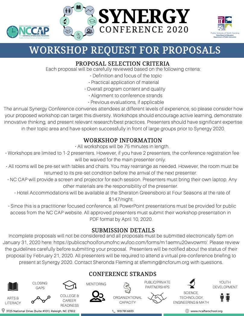 ncafterschool's tweet photo. The Synergy Conference 2020 RFP for conference workshops is live! Have a workshop idea? Submit a proposal here: https://t.co/NcjX2ZyMmS #Arts&amp;Literacy #ClosingGaps #College&amp;CareerReadiness #Mentoring #OrganizationalCapacity #PublicPrivatePartnerships #STEM #YouthDevelopment https://t.co/KrPuFayWXX