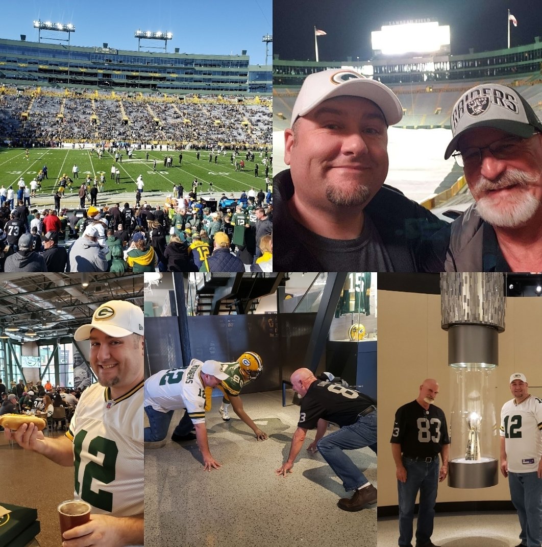 82Gabe's tweet photo. @KCousineau09 #MyFirstPackersGame was with my dad on 10/20. We flew in from CA & N.C. to meet there4the weekend. From the HOF/stadium tour, to the Johnsonville Tailgate Area, we were amped4the game. It was perfect weather, so was #12 w/ his 6 TD's in a game & #FatherSonTrip we'll never forget https://t.co/ubNIZiX4J0