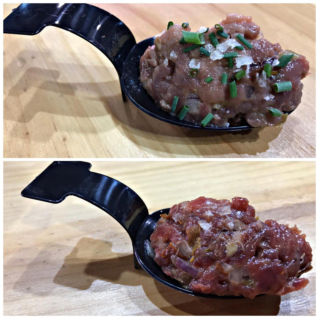 Shybarum's tweet photo. Sí, es #steaktartar, pero cuál es la diferencia entre los dos?
Uno, preparado con lomo de #corzo de @CARNICASDIBESL y el otro, con vaca de @discarlux 🔝🔝🔝🔝
Preparado por @pacocinillas durante #Gastrónoma19 en nuestro stand

#Shybarum #distribucionvalencia https://t.co/3haZl1LBrz