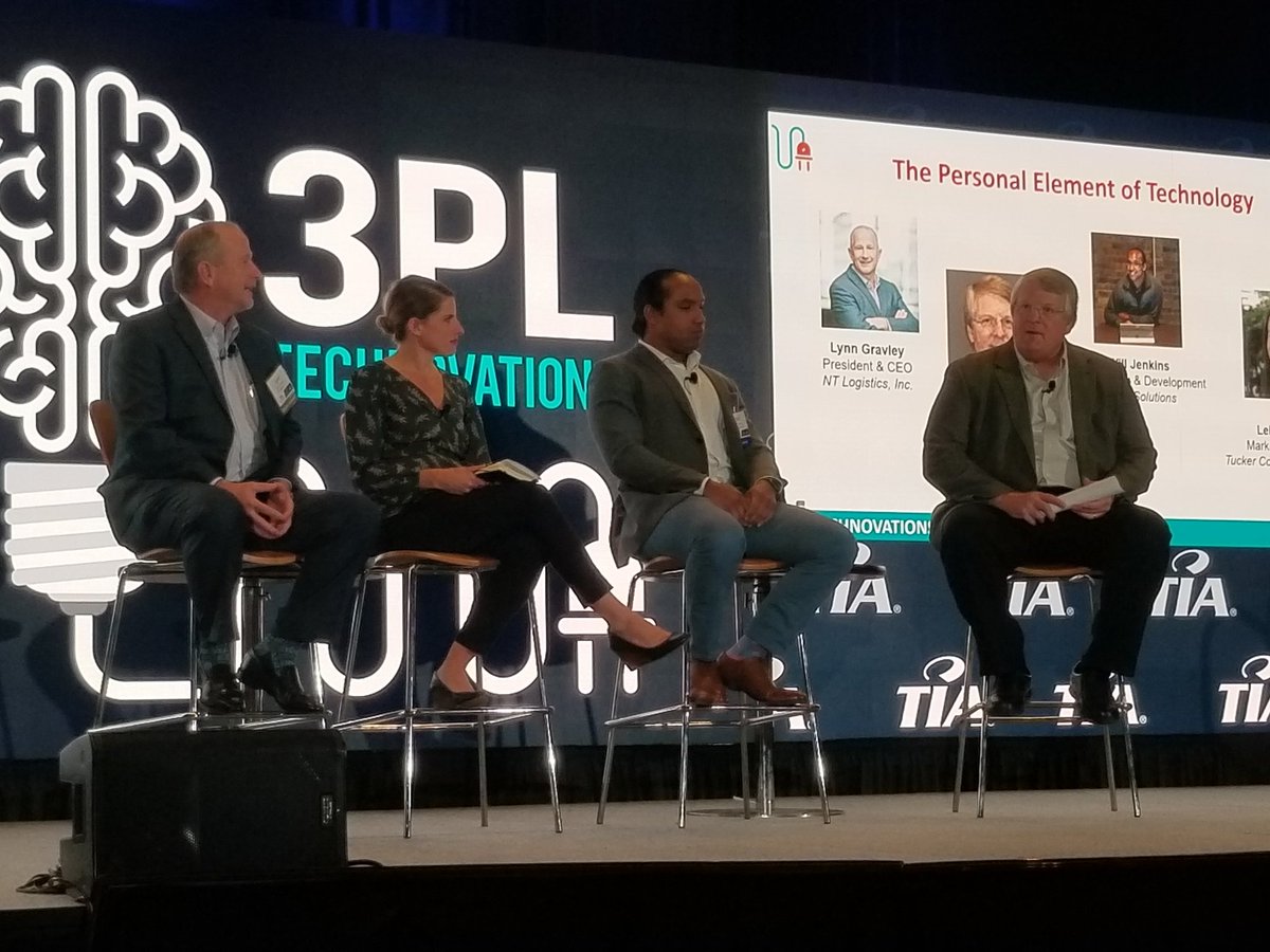tianetdotorg's tweet photo. Impressive and entertaining panel at #TIA2019TECH with Lynn Gravley, NT Logistics; Rick Halbrooks, McLeod Software; Will Jenkins, MoLo Solutions; and Leigh Sauter, Tucker Company Worldwide, sharing why 3PLs must leverage the mix of new technology with people and relationships! https://t.co/IOhTZuvWtH