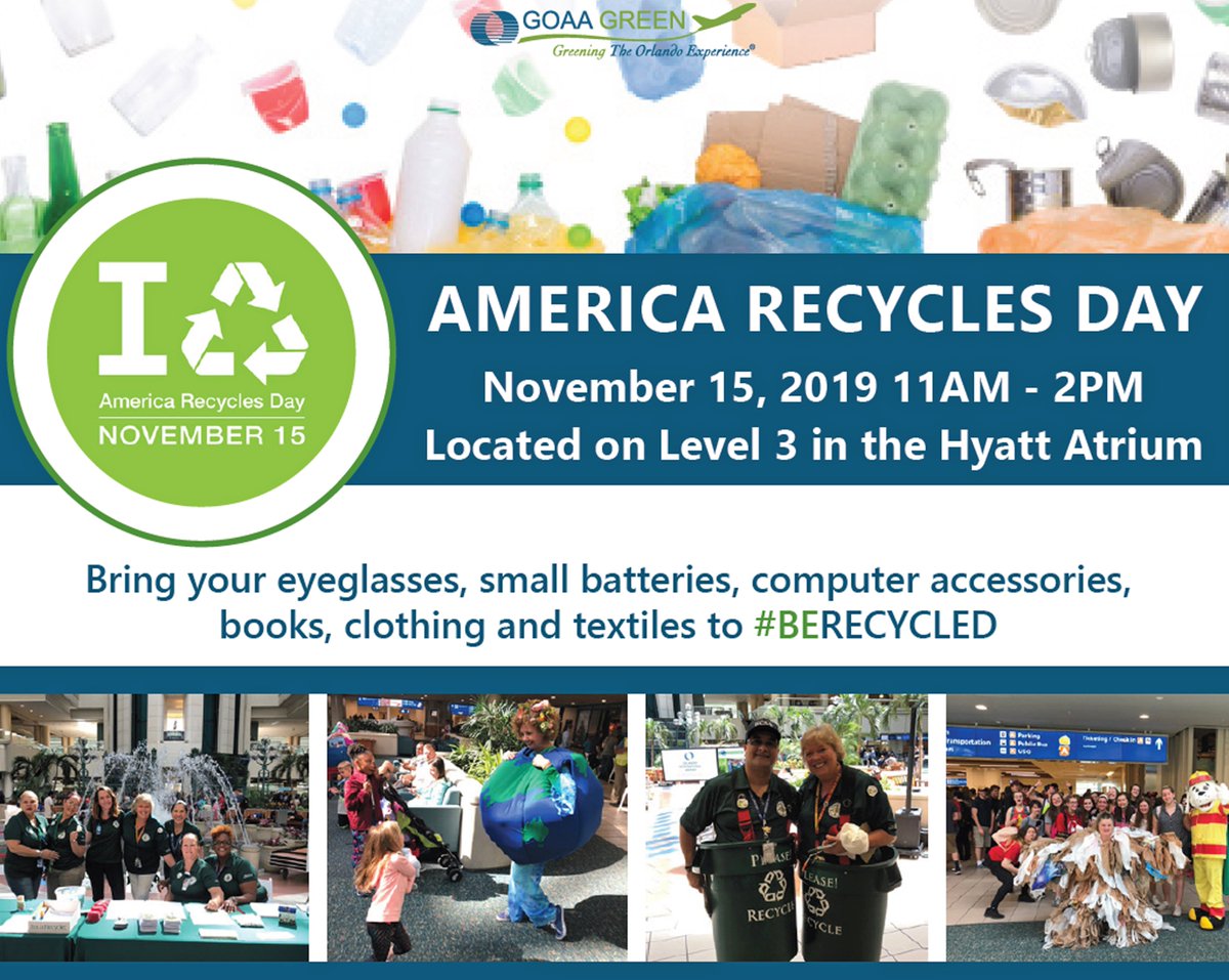 MCO's tweet photo. We're proud to sponsor our 6th Annual America Recycles Day Event! Join us November 15th, in the Hyatt atrium from 11 a.m.-2 p.m., to participate in interactive activities, visit our exhibitors, and share ideas on how to reduce, reuse and recycle our waste. See you there! ♻️ https://t.co/fLyTBsSeqR