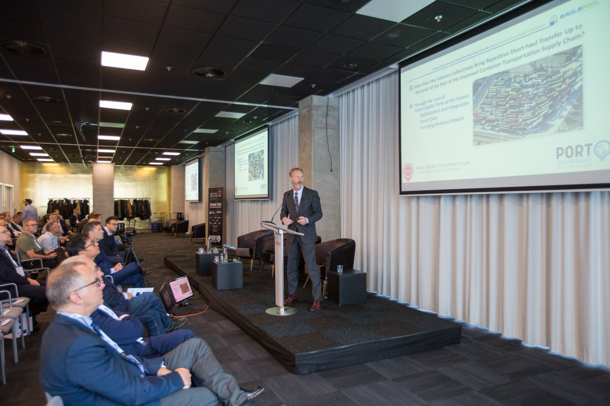 eaglerail's tweet photo. EagleRail was proud to be the keynote speaker on Day 2 of #SDP19 hosted by @PortTechnology. CEO Mike Wychocki presented our patented, 100% electric automated container transportation solution to port authorities and industry executives. #ports #shipping #smartports #SupplyChain https://t.co/eBU0QhsLy7