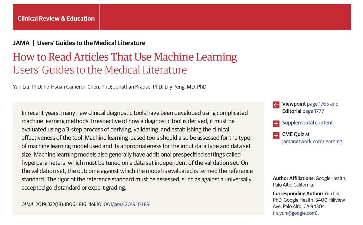 Interesting paper: a guide to reading machine learning articles in  @JAMA_current:  https://jamanetwork.com/journals/jama/article-abstract/2754798ICYI, have a couple of thoughts to share about this paper1/n