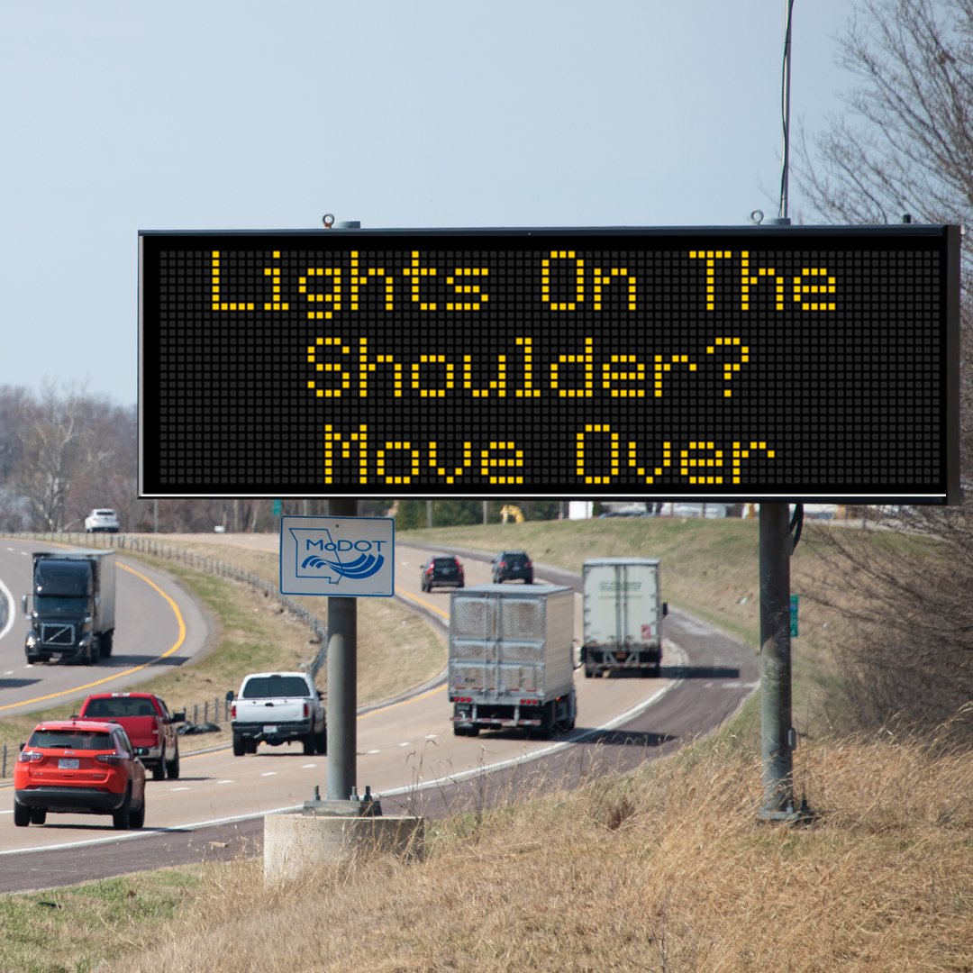 MoDOT's tweet image. See flashing lights on the shoulder ahead? It&apos;s the law to slow down and move over, if you can. 
Give responders room to work!