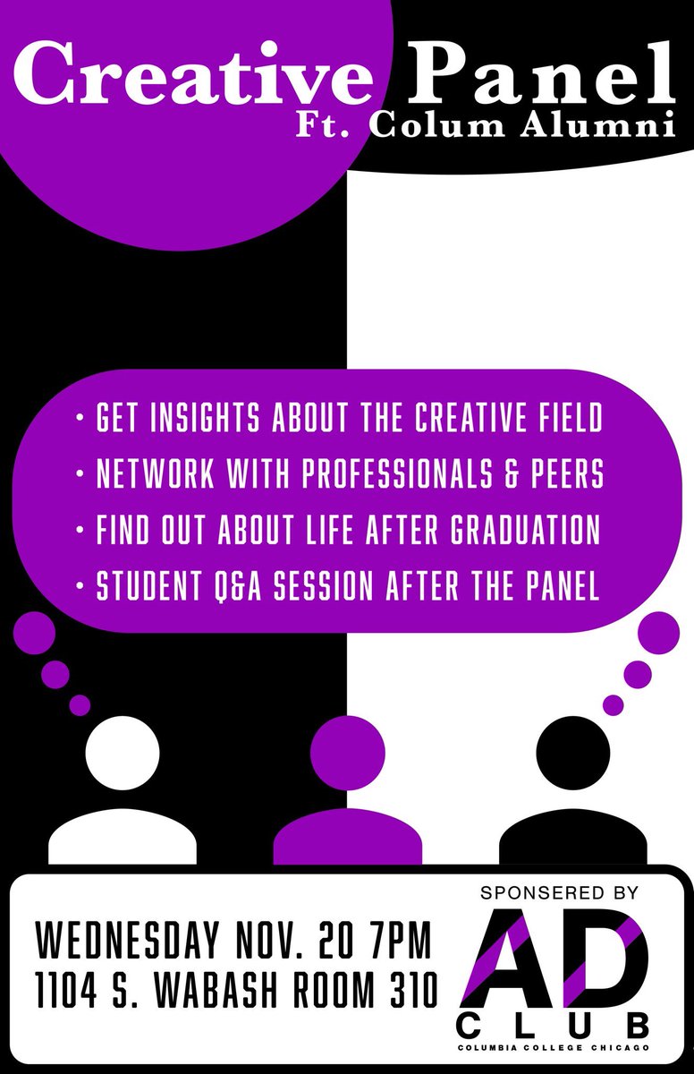 AdClubCCC's tweet image. Hey guys! Our first panel of the school year will be on Wednesday, Nov 20 in 1104 S Wabash. Stop by at 7pm to network with alumni in the field and to have them answer all your questions about the industry. Link in bio for the Facebook event!