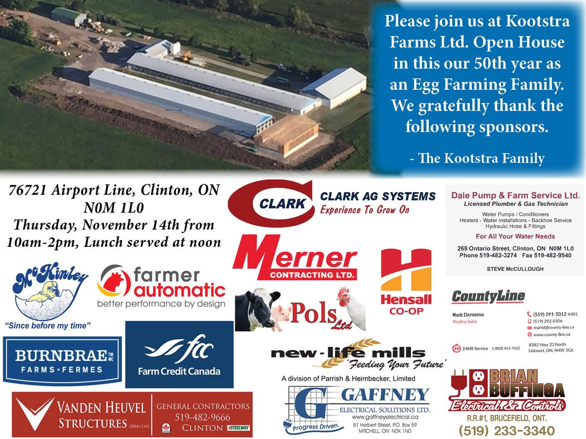 We look forward to seeing everyone tomorrow at Kootstra's Open House! 10am-2pm. 76721 Airport Line, Clinton ON #ontag #enrichedlayer <a href="/RicksZone/">Rick Kootstra</a> <a href="/KootstraRob/">Rob Kootstra 🌽🐓</a> <a href="/DerekKootstra/">Derek Kootstra</a> <a href="/farmerautomatic/">Farmer Automatic CA</a>