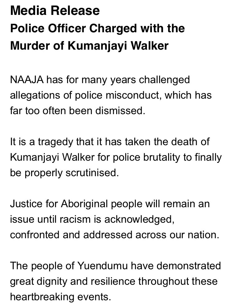 NATSILS_'s tweet photo. Media release from @NAAJA_NT this morning on the murder charge of police officer for Kumanjayi Walker
There will be court hearing in Darwin today
#JusticeforWalker #istandwithyuendumu #SolidaritywithYuendumu #BlakLivesMatter https://t.co/1DWFrqiATl