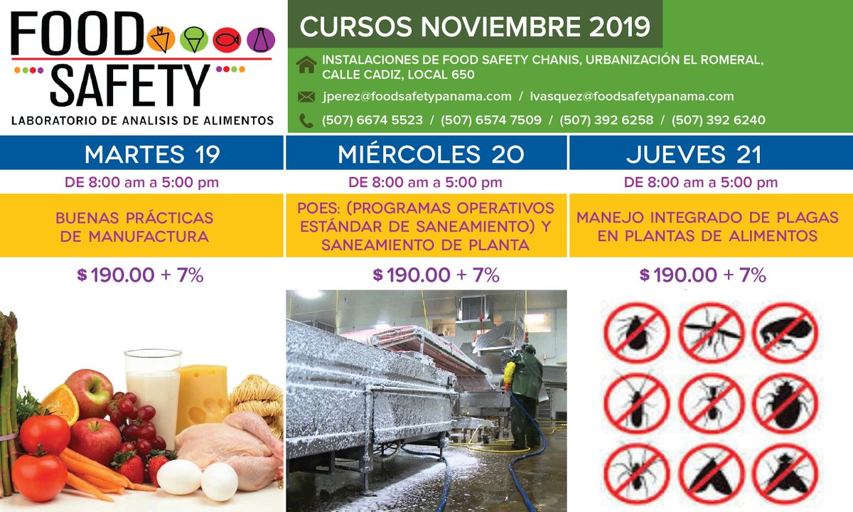 foodsafetypty's tweet photo. CAPACITACIONES DE NOVIEMBRE

¿Te interesa alguna?

Contáctanos:
📞 392.6258
📞 392.6240
📞 6574.7509
📧 jperez@foodsafetypanama.com
📧 lvasquez@foodsafetypanama.com

#Capacitacion #Panama #FoodQualityControl #FoodSafety https://t.co/wjRzeiZkGp