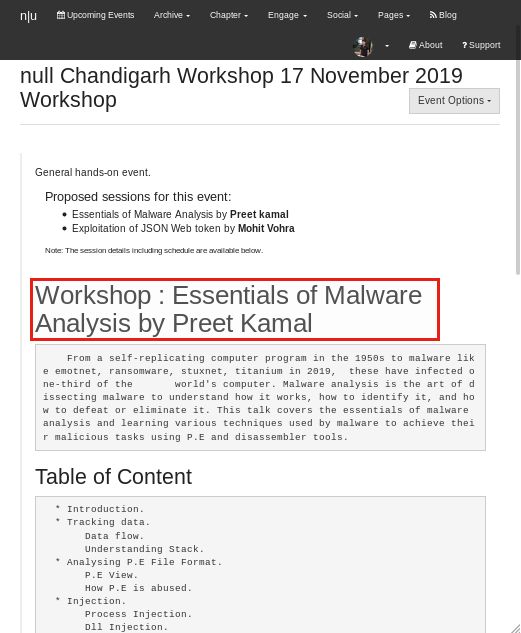 ChdNull's tweet photo. One Workshop and a talk lined up for this month NULL meet (17th Nov) by @preet_1012 and @gh0st0x00 

Register yourself if you are interested in Malware Analysis by @preet_1012  or want to know about JSON Web Tokens by @gh0st0x00 

RSVP Link: https://t.co/PtpfzD9y56 
@null0x00 https://t.co/zOE4SaE910